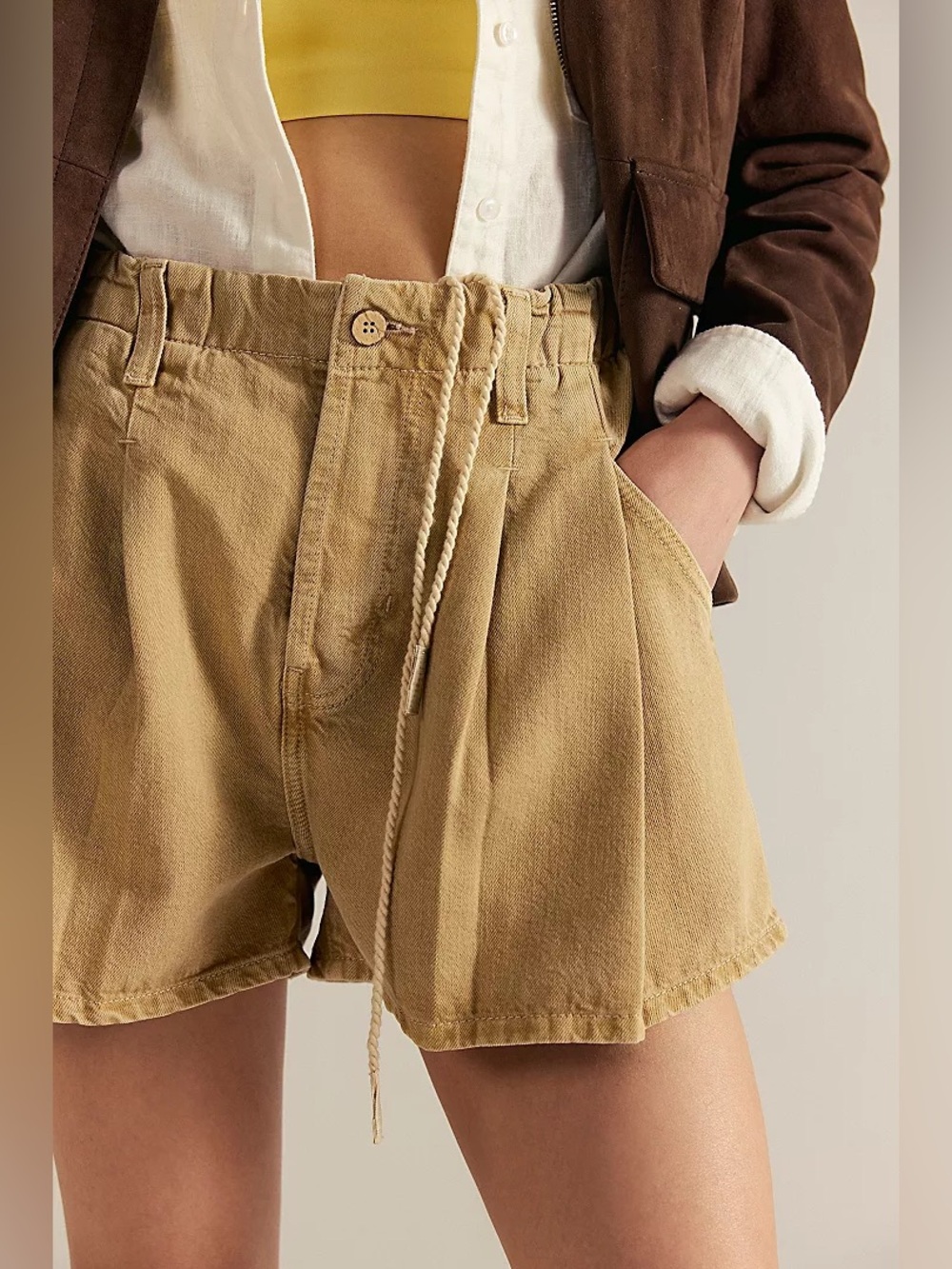 New Free People FP Sand We The Free Clark Pleated Denim Shorts